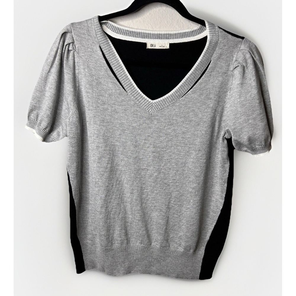 Ovla Knit Short Sleeve Sweater Small Gray Black V-Neck Puffed Cutout Tee Top